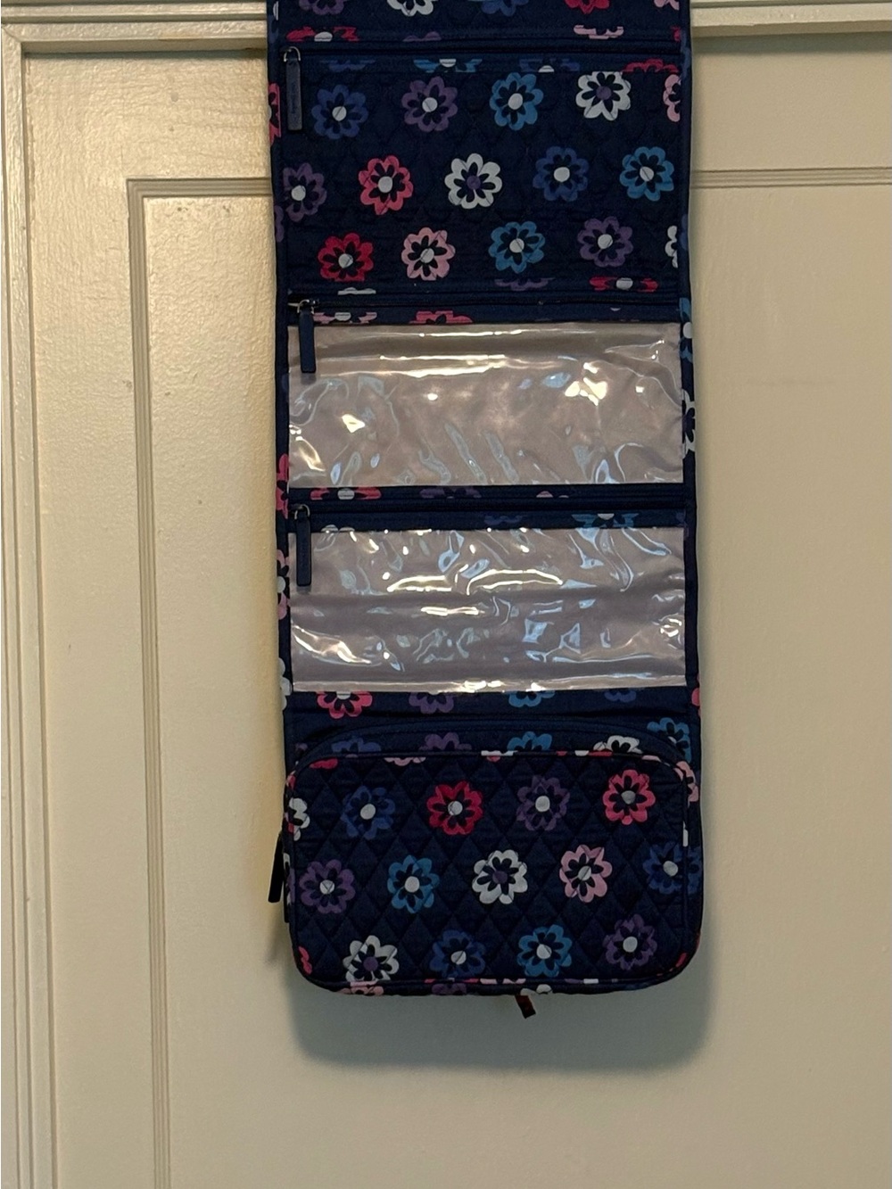Vera Bradley Navy Floral Hanging Jewelry Organizer with Pink & Blue Flowers
